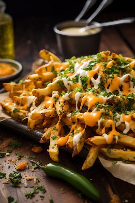 Spicy and cheesy fries that will satisfy your craving for flavor and heat. Jalapeno Fries, Cheesy Fries, Seasoned Fries, Paprika Potatoes, Pizza Snacks, Wedding Illustration, Fried Potatoes, Stuffed Jalapeno Peppers, Cooking Techniques