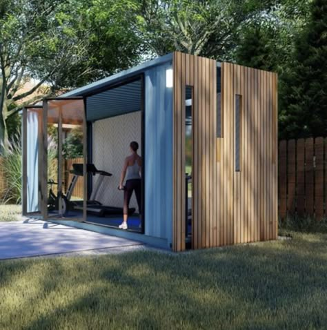 Gym Shed With Sauna, Garden Shed Gym, Small Garden Gym, Woodshed Ideas, Garden Gym Ideas, Yoga Shed, Outdoor Home Gym, Gym Shed, Garden Gym