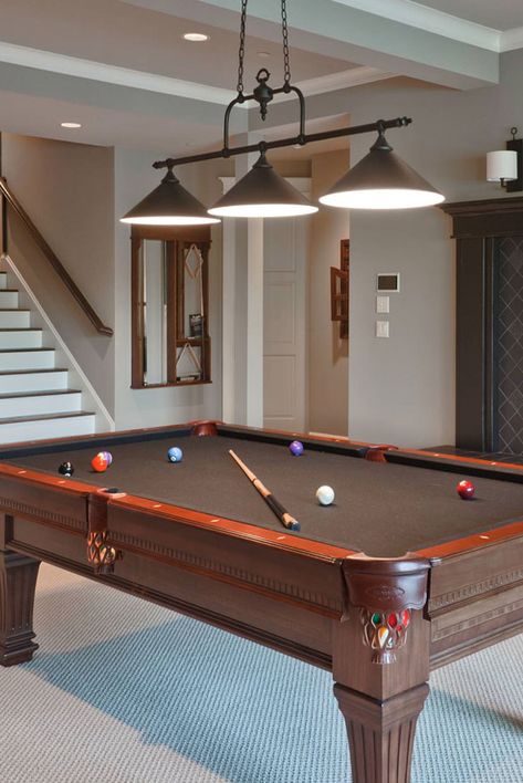 Cool Pool Table Lights to Illuminate Your Game Room - Sebring Design Build Diy Pool Table Light, Pool Table Lighting Ideas, Pool Table Rooms, Modern Pool Table Lights, Basement Pool Table, Pool Room Ideas, Diy Pool Table, Billard Table, Billiard Table Lights