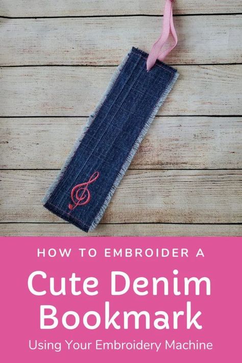 Repurpose denim jeans to make a DIY embroidered denim bookmark using an embroidery machine. A cute, machine emrboidery gift idea. This bookmark was for my daughter's music teacher. Beginner embroidery project tutorial! #machineembroidery #embroideryprojects #upcycle #repurpose #denimjeans #recycle #embroiderytutorials Machine Embroidered Bookmarks, Denim Bookmarks Diy, Denim Bookmarks, Fabric Bookmarks Diy, Crafty Bookmarks, Embroidery Projects For Beginners, Repurpose Denim, Upcycle Denim Jeans, Embroidery Machine Ideas