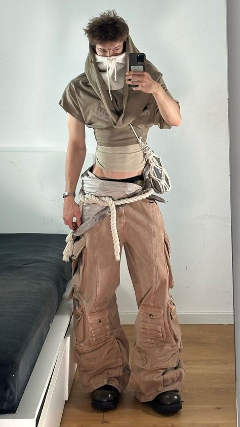 Dune Inspired Outfit Men, Dune Outfit Men, Dune Style Outfit, Dystopian Outfits Male, Dune Inspired Fashion, Dune Rave Outfit, Dune Outfit Aesthetic, Dune Inspired Outfit, Mesh Undershirt Outfit