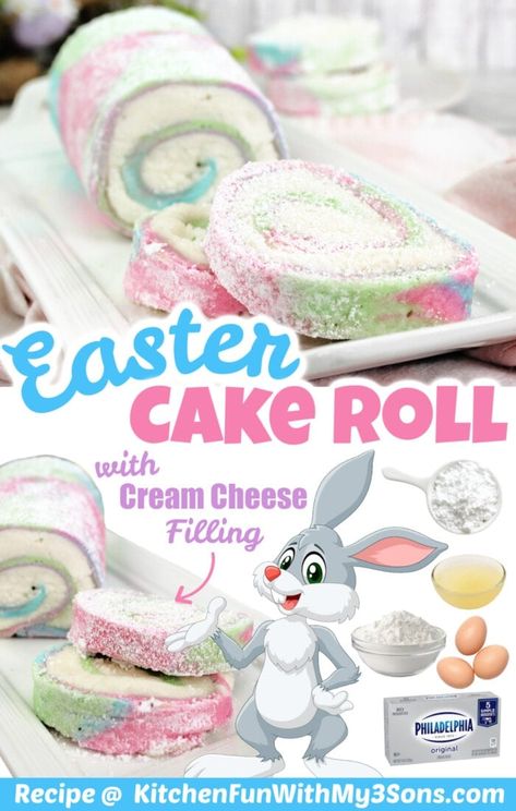 Food To Bring To Easter, Bunny Cake For Easter, Easter Cake Roll With Cream Cheese, Easy Easter Dessert Ideas, Easter Jelly Roll Cake, Easter Cake Rolls, Cute Easter Desserts Easy, Easter Cake Roll Recipes, Cute Easter Dessert Ideas