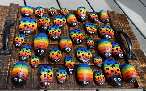 rock painting pride rainbow ladybugs Pride Rock Painting, Rainbow Ladybugs, Pride Rocks, Ladybug Rocks, Pride Rock, River Rocks, Pride Rainbow, River Rock, Rainbow Pride