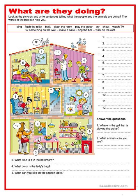 What are they doing in the house - Present continuous - English ESL Worksheets House Worksheet, Picture Comprehension, Reading Comprehension Kindergarten, Language Worksheets, Picture Prompts, Grammar Practice, Speaking Activities, Learning Worksheets, German Language Learning