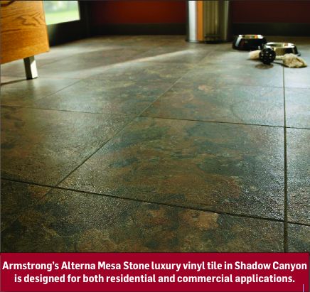 Armstrong’s Alterna Mesa Stone luxury vinyl tile in Shadow Canyon is designed for both residential and commercial applications. Tile Look Vinyl Flooring, Vinyl Kitchen Floor, Wood Like Tile Flooring, Best Vinyl Plank Flooring, Wood Floor Stain Colors, Wood Like Tile, Faux Wood Tiles, Wood Plank Tile, Vinyl Tile Flooring