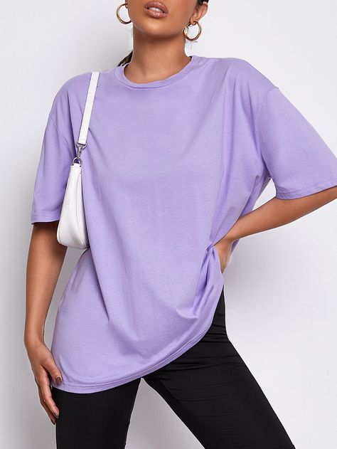 Mauve Purple Casual  Half Sleeve Cotton Plain  Embellished Slight Stretch Summer Women Tops, Blouses & Tee Purple Tee Outfit, Purple T Shirt Outfit, Purple Tshirt Outfits, Crop Tshirt Outfit, Purple Shirt Outfits, Te Shirt, Purple Shirts, Mock Up T Shirt, Activewear Photoshoot