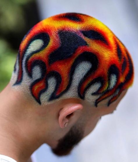 Shaved Head Designs, Flame Hair, Curly Hair Fade, Hair Colour Design, Dyed Hair Men, Egg Decor, Mid Fade, Shaved Hair Designs, Buzzed Hair