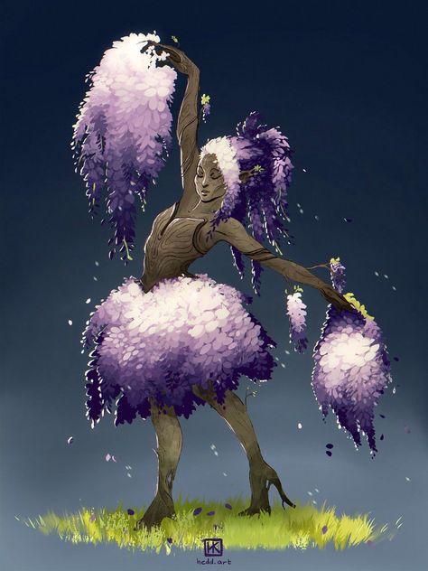 Wisteria Character Design, Tree Dryad Character Design, Isekai Ideas, Dryad Dnd, Fantasy Deities, Wisteria Drawing, Mythical People, Plant Creatures, May Art