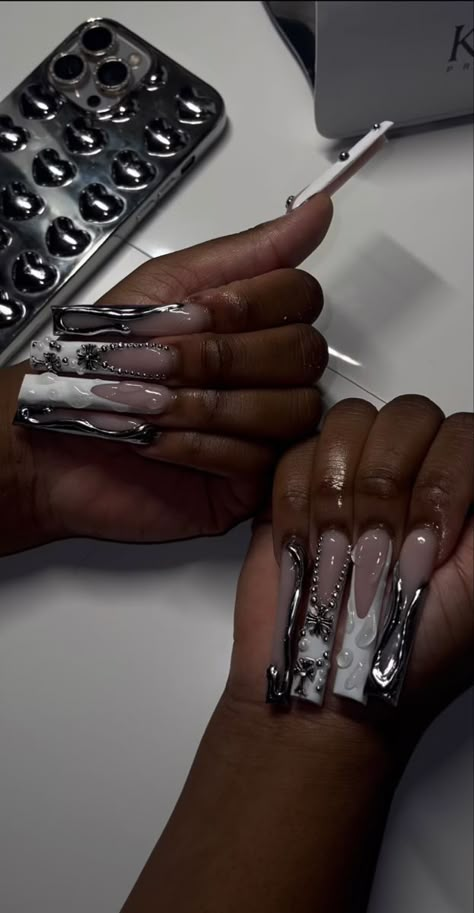 Black Exotic Nails, Long Nails Extra, Birthday Baddie Nails, Rockstar Nails Acrylic, Birthday Nails Black Women, Droplet Nails, Cute Freestyle Nails, Tapered Square Nails, Punk Nails