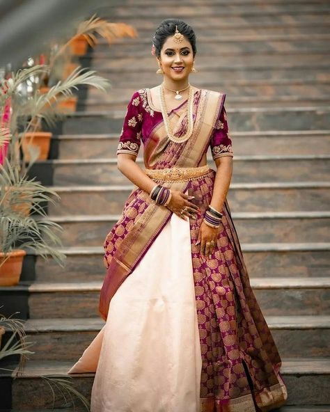 Bridal Saree Draping, Draping Saree, Plain Lehenga, Sari Lehenga, Lehenga Style Saree, Lehenga Saree Design, Saree Wearing Styles, Simple Saree Designs, Half Saree Lehenga