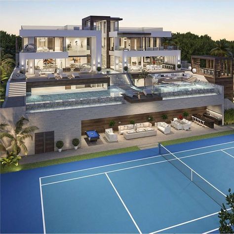 1,298 Likes, 55 Comments - Luxury Mansions Interiors (@exclusivecommunity) on Instagram: “Lovely house with tennis court Like the combination? ⚊⚊⚊⚊⚊⚊⚊⚊⚊⚊⚊ ➖➖➖➖➖➖➖➖➖➖➖ Follow…” Home Designs Exterior, Luxury Mansions Interior, Luxury Houses Mansions, Dream Mansion, Modern Villa Design, Modern Mansion, Mansion Interior, Mansions Luxury, Modern Architecture House