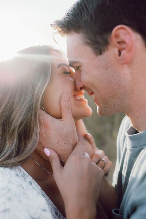 Standing Engagement Poses, Overcast Couple Photography, Happy Couples Photography, Engagement Photo Sunset, Engagement Photos Laughing, Smiling Engagement Pictures, Call Couples Photos, Sitting Down Engagement Photos, Engagement Photos Near Water