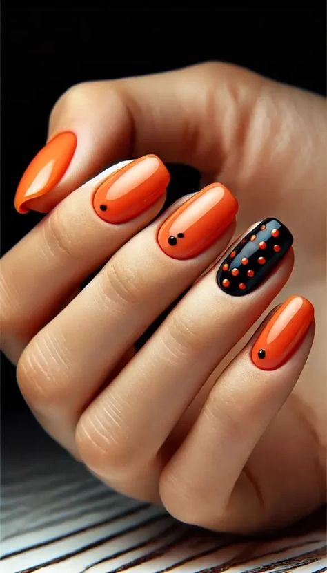 36 Most Adorable October Nail Designs You'll Love in 2024 Cute Simple Nails Short, Black And Orange Nail Designs, October Nail Designs, Short Nail Ideas, Orange Nail Designs, Festive Manicure, Orange Nail, Simple Nail Art, Pumpkin Nails