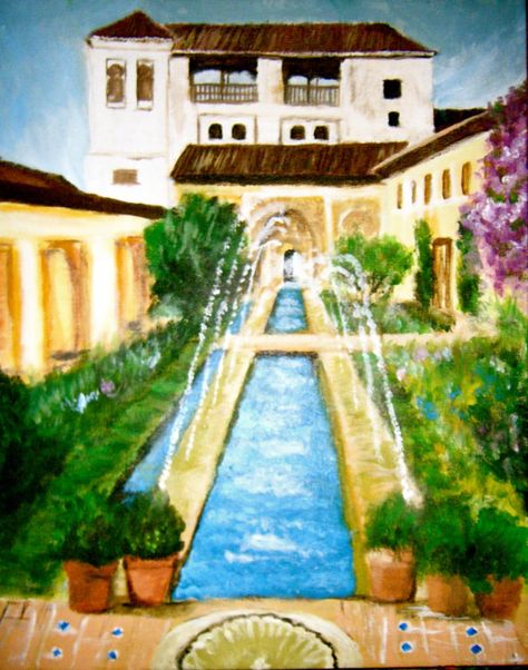 Granada Alhambra Spanish Art Painting by CreationismsbyChloeD, $40.00 Alhambra Inspired Decor, Alhambra Painting, Spain Alhambra Palace, The Alhambra Granada, Alhambra Palace, Spanish Art, Paintings & Prints, Granada, Places Ive Been