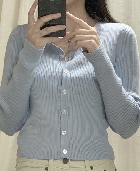 Blue Cardigan Outfit Aesthetic, Light Blue Cardigan Outfit Aesthetic, Sky Blue Cardigan, Blue Soft Knit Cardigan, Blue Long Sleeve Vintage Cardigan, Ulzzang Outfit, Fabric Photography, Fresh Outfits, Blue Cardigan