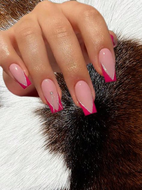 Short Triangle French Nails, V Shape Acrylic Nails, Triangle French Tip Nails Square, V Shape French Tip Nails Square, V Shape French Tip Nails Short, Pink V Tip Nails, Pink Nail Designs Square Medium, V Shaped French Tip Nails Short, V Shape French Tip