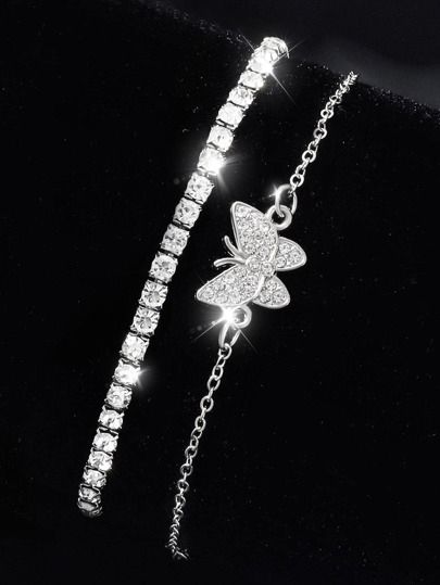 2pcs Rhinestone Butterfly Decor BraceletI discovered amazing products on SHEIN.com, come check them out! Silver Cute Jewelry, Cute Silver Jewelry Aesthetic, Pretty Jewellery Silver, Shein Bracelet, Prom Bracelet, Stylish Jewelry Accessories, Hand Jewelry Rings, Silver Jewlery, Pretty Jewelry Necklaces