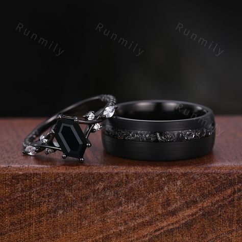 Here we have a Vintage Black Onyx Couples Ring Black Gold Matching Ring Set His and Hers Wedding Band Promise Ring For Men For Women Black Gemstone Ring ITEM DESCRIPTION ✦ Handmade, high-quality item! ✦ Material: Sterling Silver/Tungsten ►Sold as a two-piece set ►His ring is Black Gold Tungsten Carbide with meteorite inlay. ►His band width: 8mm ►His tungsten ring will not turn green itself and will not cause your skin to turn green.  ✦ Durable - Incredibly Scratch-Resistant to always look great. Band Ring Black, Black Gold Rings For Men, Luxury Black Promise Ring For Men, Cheap Black Engraved Rings, Cheap Black Wedding Rings, Promise Rings For Black Couples, Cheap Black Jewelry For Promise Ring, Black Engagement Ring Couple, Matching Goth Rings