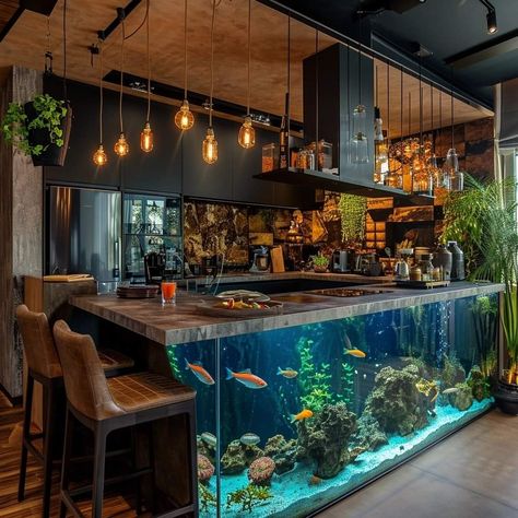 Surf Shack Kitchen, Unique Fish Tanks, 2024 Interior Design, Fusion Kitchen, Cool Fish Tanks, Fish Tank Design, Bohemian Style Decor, Boho Lifestyle, Boho Style Decor