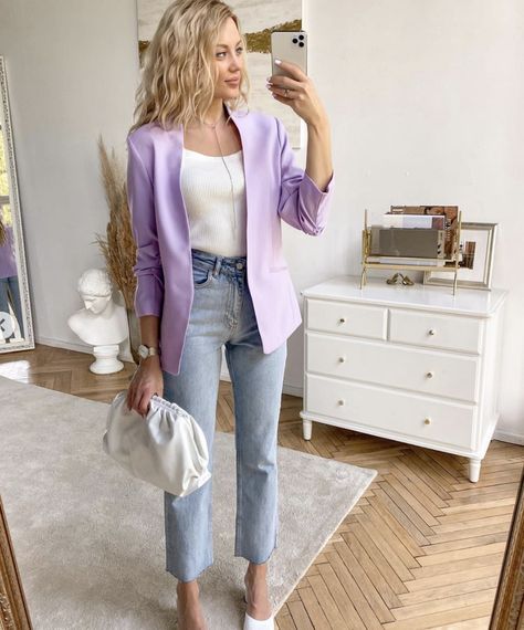 Lilac Blazer Outfit, Lilac Blazer, Blazer Outfits Casual, Outfit Primavera, Cute Lazy Day Outfits, Lazy Day Outfits, Blazer Outfits, Fashion Colours, Blazer Coat