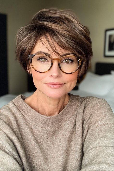 34. Short Asymmetrical Crop with Charcoal Highlights (Short Hairstyles For Women Over 50 With Glasses) - Short Hairstyles For Women Over 50 With Glasses Short Hair Women Over 50, Hairstyle Neymar, Hair Women Over 50, Longer Fringe, Short Hair Women, Older Women's Hairstyles, Hairstyles With Glasses, Bob Hairstyles With Bangs, Honey Blonde Highlights