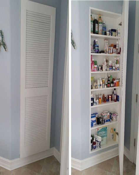 DIY medicine cabinet-LOVE this idea. Just go between studs and put in your own shelves. Voila...extra room for storage! Built In Wall Storage Bathroom, Bathroom Storage Medicine Cabinet, In Wall Cabinet Bathroom, Medicine Cabinet Kitchen, Recessed Closet Ideas, Recessed Wall Storage Bathroom, Recessed Wall Cabinet Bathroom, In Wall Bathroom Cabinet, Long Medicine Cabinet