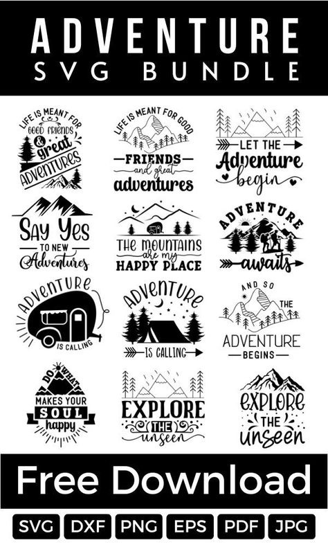 Free Mountain Svg Files For Cricut, Hiking Svg Free, Travel Svg Free, Hiking Sayings, Hiking Quotes Adventure, Camping Sayings, Travel Fonts, Free Cricut Images, Adventure Signs