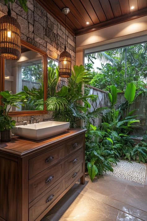 Tulum Interior Design Bathroom, Pebbles In Bathroom, West Indies Bathroom, Semi Outdoor Bathroom, Rainforest Bathroom Ideas, Earthy Bathroom Ideas Natural, Biophilic Bathroom, Tiki Bathroom, Earthy Bathroom Ideas