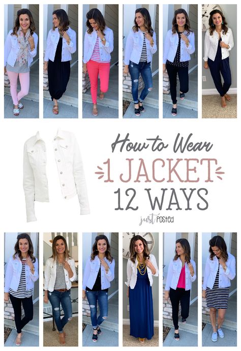 How to Wear One White Jacket Twelve Ways – Just Posted White Jean Jacket Outfits, White Jacket Outfit, Capsule Closet, Jean Jacket Outfits, White Jean Jacket, Breaking In, White Denim Jacket, White Denim Jeans, Legging Outfits