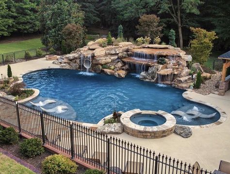 Awesome pool, but one end needs to be beach entry and there needs to be a swim up bar/grill on one side 👍🏼👍🏼👍🏼 Pool With Waterfall, Luxury Pools Indoor, Backyard Features, Luxury Pools Backyard, Landscaping Backyard, Luxury Swimming Pools, Diy Swimming Pool, Luxury Pools, Backyard Pool Landscaping