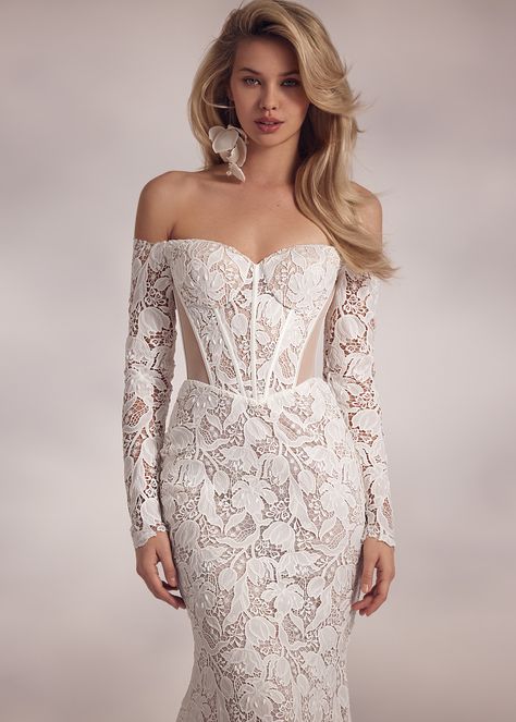 Priyanka – guipure lace cold-shoulder heart-shaped neckline dress with long sleeves and cut out mesh sides, featuring lace-up back. White Lace Gown, Designer Wedding Gowns, Neckline Dress, Dress With Long Sleeves, Wedding Dress Trends, Guipure Lace, New Wedding Dresses, Wedding Lingerie, Necklines For Dresses