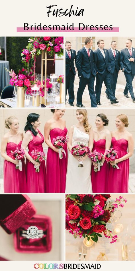 Fuschia Wedding Cake, Bridesmaid Dresses Fuschia, Red Flower Centerpieces, Fuchsia Wedding Colors, Fuschia Bridesmaid, Fuschia Bridesmaid Dresses, Pink Wedding Color Scheme, Navy Groomsmen Suits, Navy Groomsmen