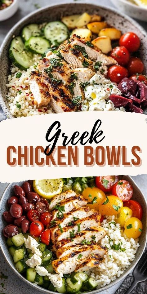 Greek Chicken Bowls Ingredients: Chicken: 4 small chicken breasts (about 1 1/4 pounds) 1/4 cup olive oil 1 tablespoon lemon zest 2 tablespoons lemon juice 2 tablespoons honey 1 teaspoon garlic powder 1 1/2 teaspoons dried oregano 1 1/2 teaspoon dried basil 1 teaspoon salt 1/4 teaspoon black pepper 1/2 teaspoon red pepper flakes Bowl: 2 cups cooked rice or quinoa 2 cups halved grape or cherry tomatoes 2 cups diced or chopped cucumber 4 cups shredded romaine lettuce 1 cup sliced red onion Mediterranean Chicken Bowl, Greek Chicken Bowls, Greek Rice, Chicken Bowl Recipe, Chicken Bowls, Chicken Rice Bowls, Dried Basil, Chicken Quinoa, Rice Bowls Recipes