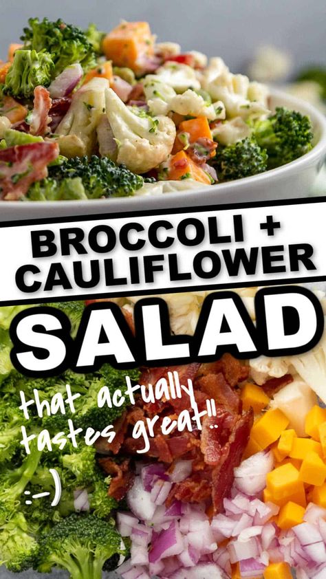 Broccoli Cauliflower Salad Recipes, Cauliflower Salad Recipe, Healthy Broccoli Salad, Ms Recipes, Broccoli Cauliflower Salad, Bacon Cauliflower, Broccoli Salad Bacon, Bacon Salad, Cauliflower Salad