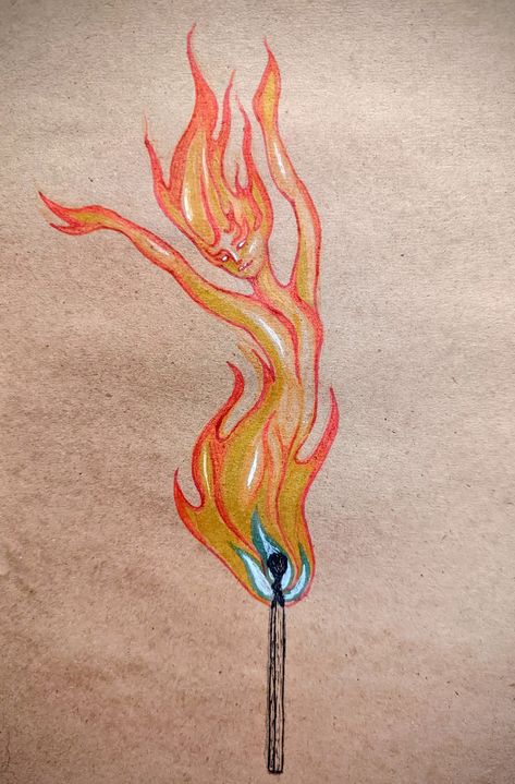 Fire Spirit Tattoo, Burning Woman Tattoo, How To Draw A Flame, Fire Sprite Tattoo, Watercolor Flames, Fire Woman Tattoo, Fire Woman Drawing, Fire Themed Tattoos, Flame Painting