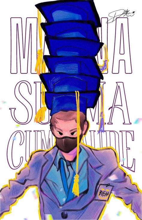 Guy in uniform tries to balance the Tower of several Graduation hats on top of his head a Meme called him mega magna summa cum laude meme Slice Of Life, High School, Sketch, Memes, Drawings, Art