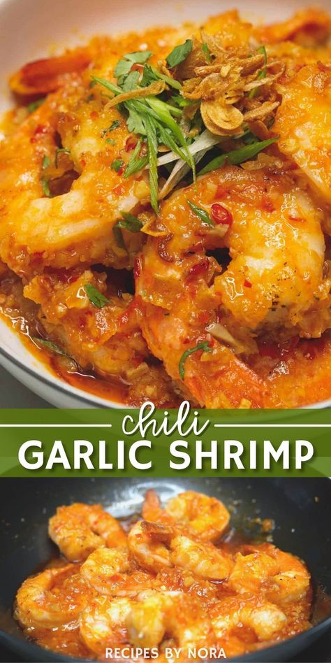 This Sweet Chili Garlic Shrimp is packed with flavor! It's garlicky, slightly sweet, and has a spicy kick! It can be cooked in the skillet in just 30 minutes - perfect for as a seafood appetizer, lunch, or dinner.  To make this Asian classic, you're going to need simple ingredients like shrimp, garlic, fish sauce, chilis, and a shallot. It's so easy to make and addictive! Seriously, it's better than takeout. Serve it over rice or pasta noodles for a complete meal. Shrimp In Crockpot Recipes, Simple Shrimp Recipes, Chili Garlic Shrimp Recipe, Chili Garlic Shrimp, Shrimp Dinners, Sweet Chili Shrimp, Spicy Shrimp Recipes, Chinese Cooking Wine, Better Than Takeout