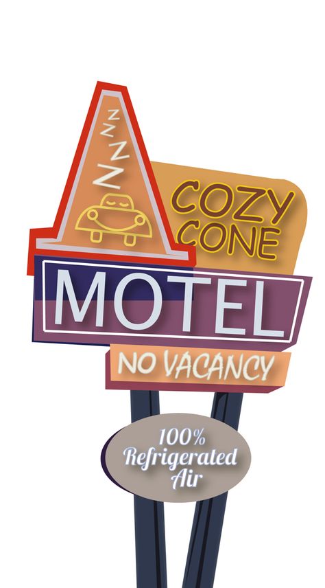 Cozy Cone Motel by Robbie Thiessen, via Behance Cozy Cone Motel, Car Town, Motel Sign, Radiator Springs, Cars Land, Cars Birthday Parties, Cars Movie, Pixar Cars, Cars Birthday