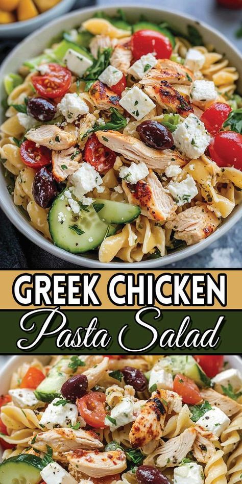 🍽️ Greek Chicken Pasta Salad 🥗 – A delightful fusion of Mediterranean flavors! This easy-to-make pasta salad is packed with juicy grilled chicken, crunchy veggies, tangy feta cheese, and tossed in a zesty homemade dressing.   👉 Try it now! Save this recipe for your next gathering or meal prep session. 🛒 Ready to enjoy the taste of the Mediterranean?  #GreekChickenPastaSalad #MediterraneanRecipes #HealthyEating Chicken Bowl Meal Prep, Chicken And Feta, Greek Chicken Bowls, Greek Chicken Pasta, Juicy Grilled Chicken, Meal Prep Easy, Feta Cheese Salad, Chicken Bowls, Salad With Feta