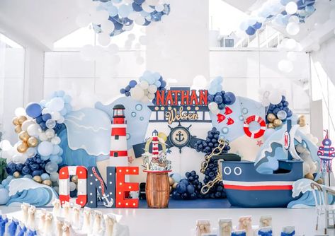 Nautical Birthday Party Ideas | Photo 1 of 7 Ahoy Birthday Theme, Nautical Backdrop Ideas, Sailor Decoration Party, Nautical Themed Birthday Party, Sailor Themed Birthday Party, Marine Birthday Theme, Popeye Birthday Party Ideas, Sailor Birthday Theme, Sailor Birthday Party Boy