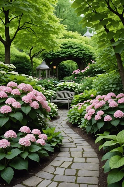 Large Hostas Landscaping, Mixed Hydrangea Garden, Hydrangea And Hostas Landscaping, Hydrangeas And Hostas, Hostas Landscaping, French Garden Design, Shade Landscaping, Hydrangea Landscaping, Tattoo Plant