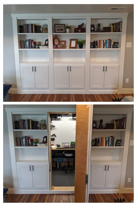 Hidden Rooms Bookcase, Secret Office Hidden Rooms, Hidden Bar Behind Bookcase, Hidden Closet Bookshelf, Bookcase Wall With Secret Door, Office With Hidden Door, Hidden Doors With Shelves, Hidden Door In Bookcase, Bookshelf With Hidden Storage