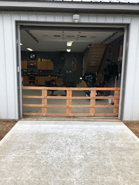 Dog gate Dog Gate For Garage Door, Garage Door Dog Barrier, Garage Door Pet Barrier, Garage Door Gates For Dogs, Garage Gate For Dog, Dog Area In Garage, Dog Condo, Diy Dog Gate, Dog Barrier