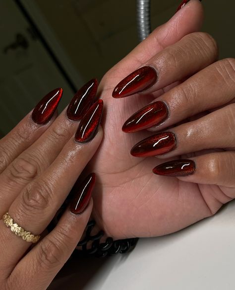 Bloody glass nails 🍷🩸✨😍😆 i absolutely love this 😍 . . . . . @grabbersbynikky #nailtech #nailcomedy #nailcontentcreator #nikkydidthat💕 #houstonnails #houstonnailtech #houstonnailartist #cateyenails #darkrednails #blacknails Red Frosted Nails, Glassy Red Nails, Red Glass Nails, Red Spray Paint, Dark Red Nails, Glass Nails, Cat Eye Nails, Clear Nails, Acrylic Nail Designs