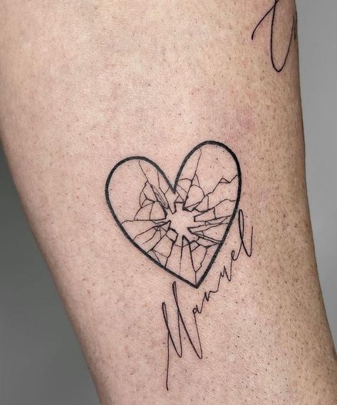 Dark Heart Tattoo Ideas, Heart Pieces Tattoo, Heart Break Tattoos Ideas, Heart Brake Tattoos, Heart Ache Tattoos, Shattered Glass Heart Tattoo, Hole In Heart Tattoo, Wounded Heart Tattoo, Heart Of Glass Tattoo