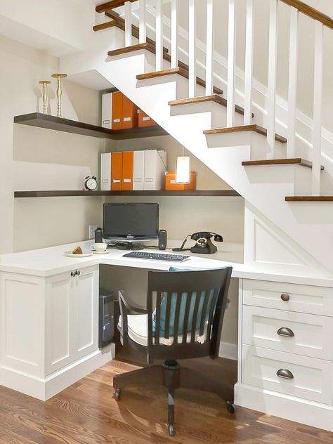 Office Under The Stairs, تحت الدرج, درج السلم, Tiny House Storage, Under The Stairs, Stair Case, Interior Remodel, Understairs Storage, Stair Storage