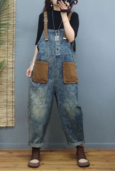 Lasaky - Contrast Color 3D Patch Pocket Denim Overalls with Vintage Loose Harem Long Pants Dark Green Jeans, Stonewash Jeans, Loose Overalls, Shop Street, Cotton Overalls, Blue Overalls, Denim Overall Dress, Denim Patterns, Green Jeans