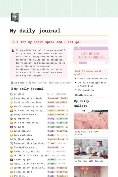 Cute Notion Template Ideas, Notion Photos Aesthetic, Notion Daily Journal Template, Aesthetic Notion Template Link, Notion Vision Board Template, Notion Journal Ideas, Notion Daily Journal, Notion Journal Template, Notion Layout