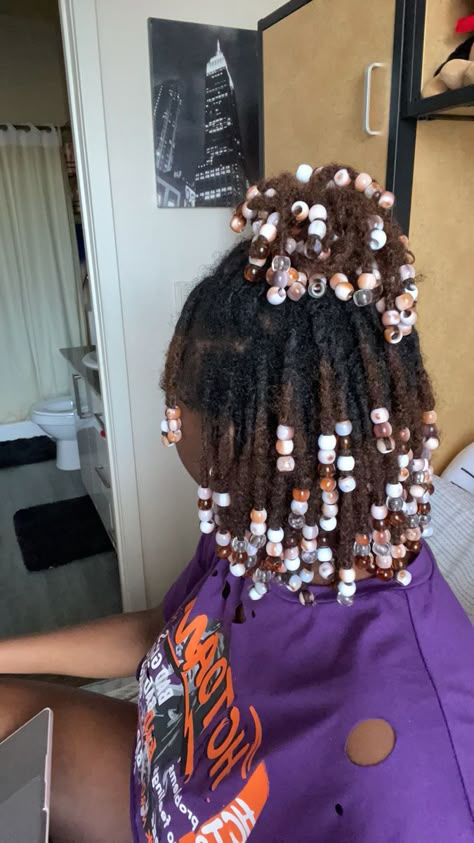 Beads In Dreadlocks, Two Twist Locs, Two Strand Locs Starter Locs, Beads On Starter Locs, Beads On Short Locs, Locs Hairstyles With Beads, Beaded Locs Styles, Invisible Locs With Beads, Locs With Beads Black Women