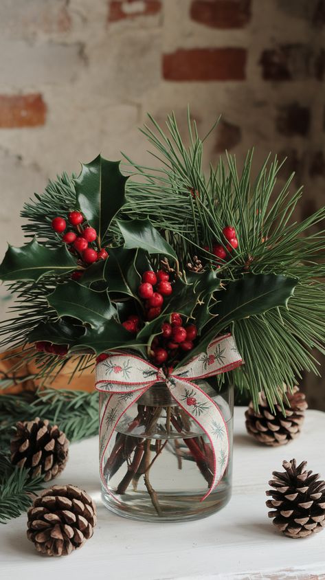 Christmas Holly Arrangement, Holiday Vase Decor, Christmas Table Bouquet, Small Holiday Centerpieces, Holly Centerpiece Christmas, Pointsetta Centerpieces Christmas, Christmas Arrangements Floral, Holly Table Decorations, Holly Arrangement